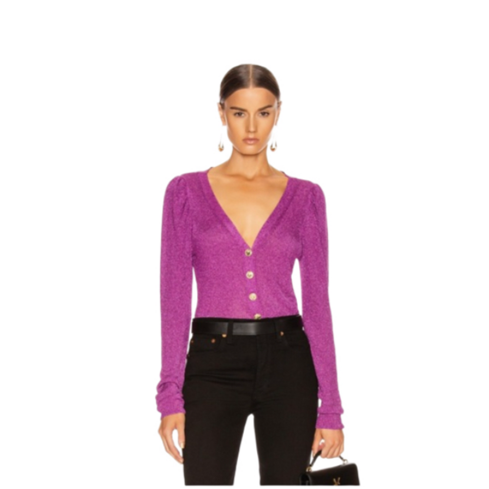 Caroline Constas Purple Long Sleeve Cardigan Glitter Sparkly Puff Sleeve - Picture 7 of 13